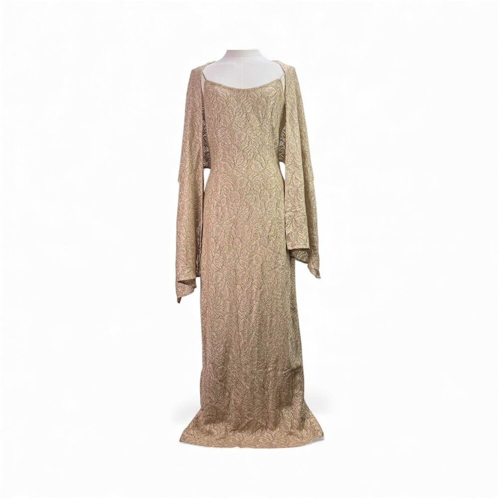 Vintage Cache Metallic Gold Evening Gown w/Matching Shawl Size 7/8 Lace Maxi